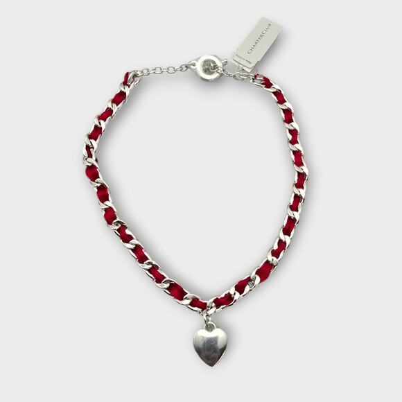 Charter Club Red Ribbon Chain Heart Pendant Necklace NWT Silver Tone - Picture 5 of 8